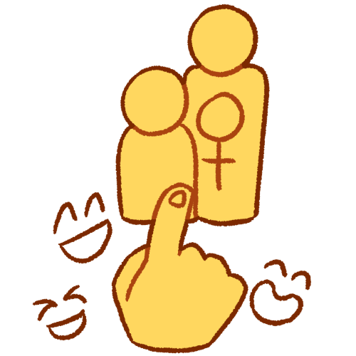 a drawing of a yellow hand pointing at a plain person, standing next to another person with a female symbol on them. there are laughing faces around the hand.